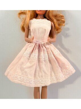 Vintage Barbie Clone Handmade Pale Pink Lace Trim Dress Clothing